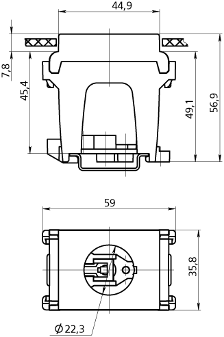 Габаритные размеры адаптера для установки на DIN-рейку серии AK22