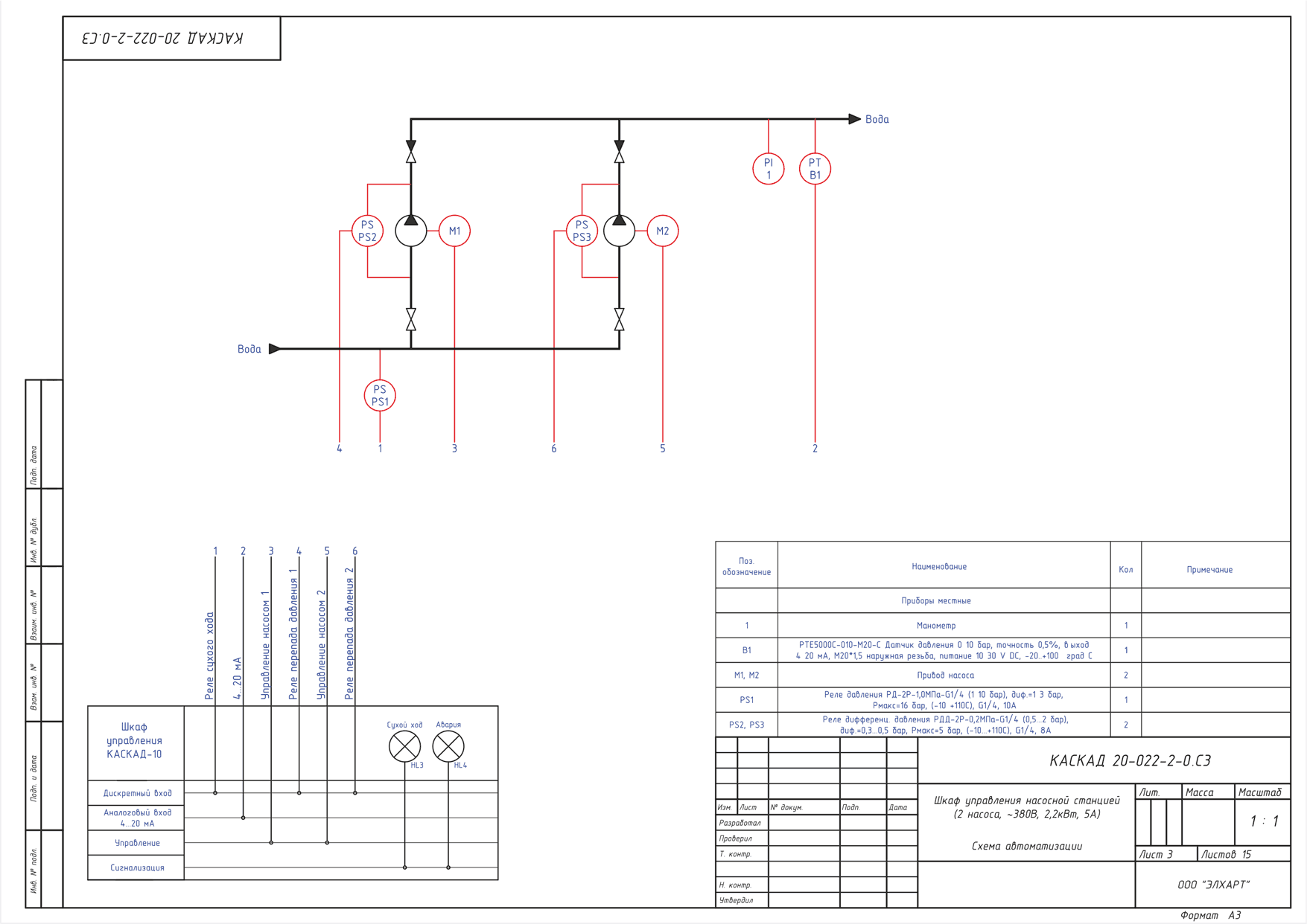 Схема автоматизации КАСКАД 20-ххх-2-0 (управление двумя насосами)