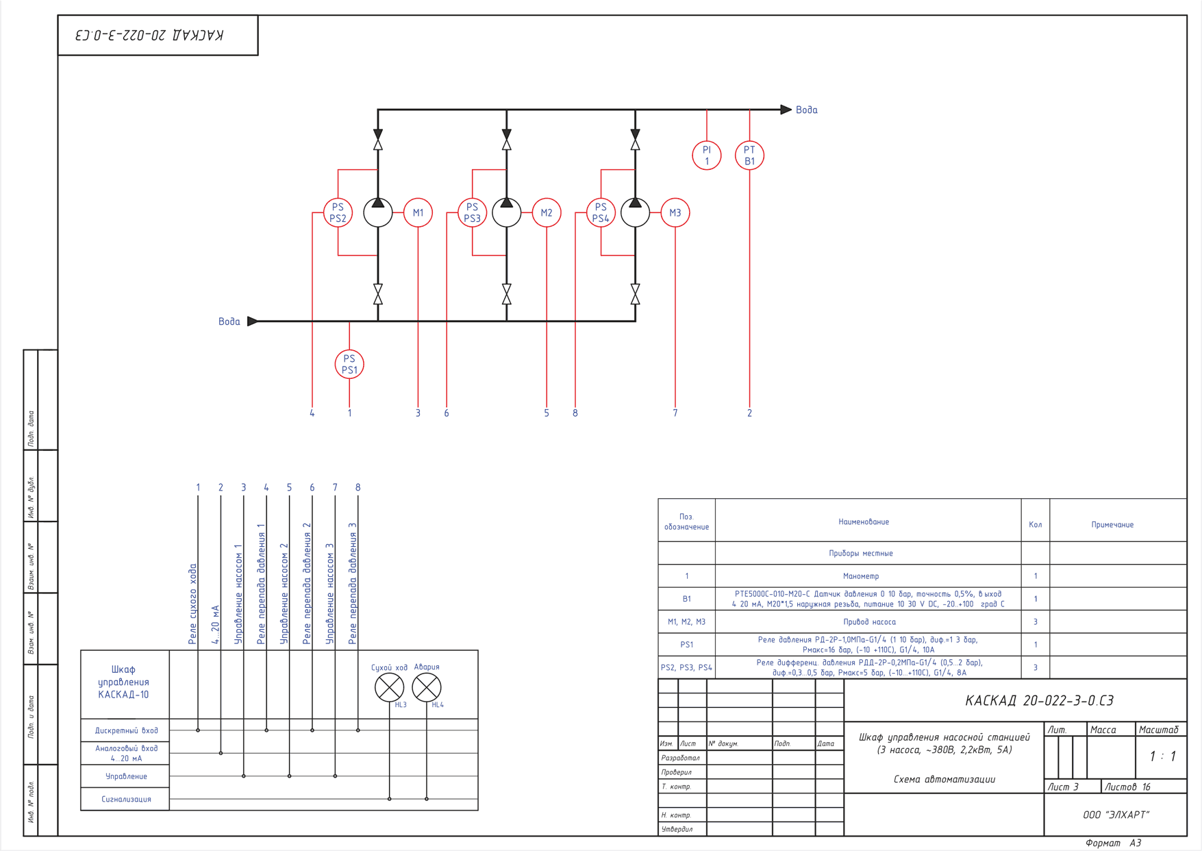 Схема автоматизации КАСКАД 20-ххх-3-0 (управление тремя насосами)