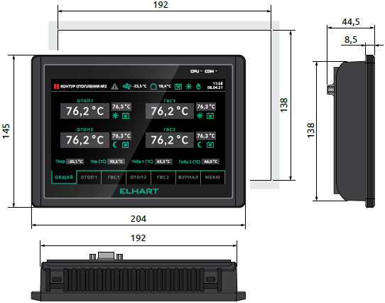 Габаритные и установочные размеры панели оператора КОНТУР-А HMI