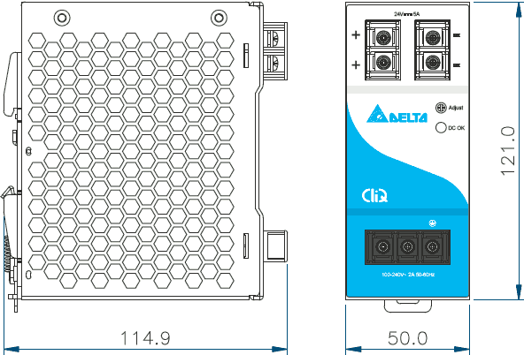 Габаритные размеры блока питания CliQ DRP024V120W1AA