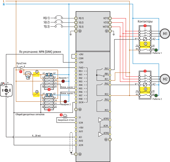 Схема 3 - Чередование насосов по времени с АВР