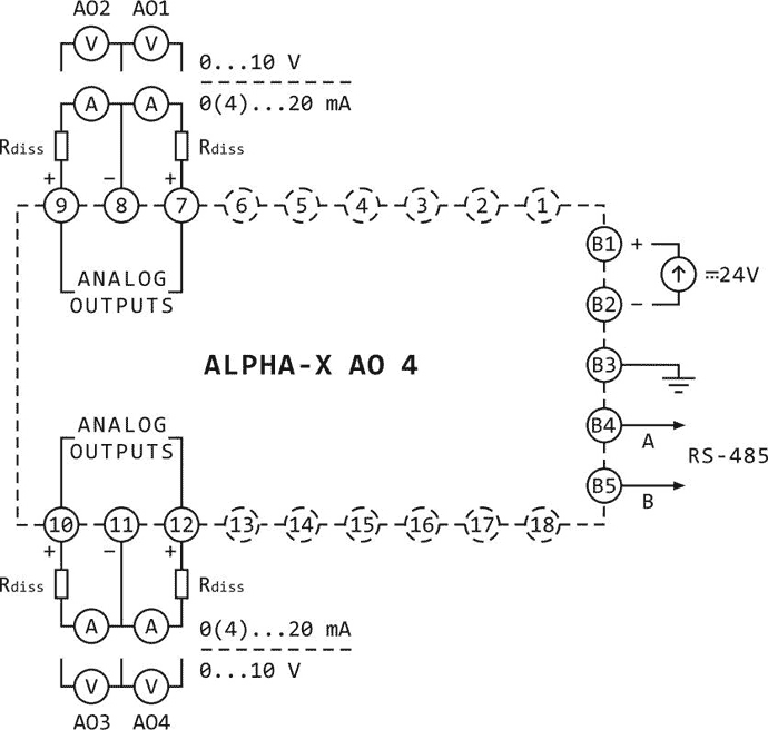 Схема подключения модуля Alpha-X AO 4