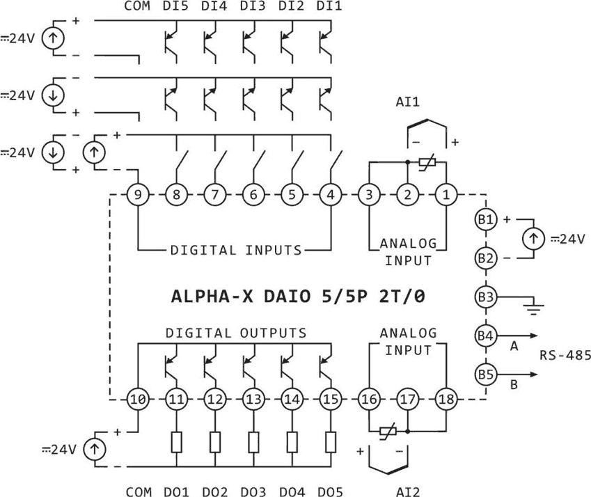 Схема подключения модуля Alpha-X DAIO 5/5P 2T/0