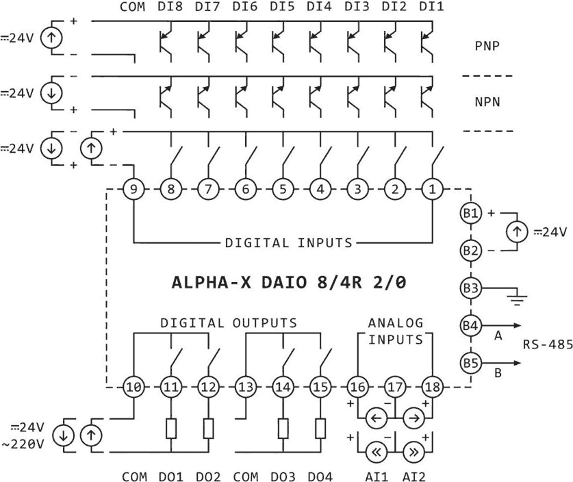 Схема подключения модуля Alpha-X DAIO 8/4R 2/0