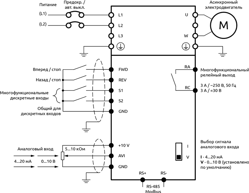 Схема подключения преобразователей частоты ELHART EMD-MINI A