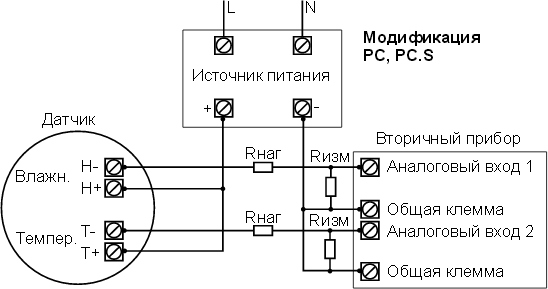 Схема подключения датчика влажности (и температуры), выход 4…20 мА (2 х 4…20 мА)