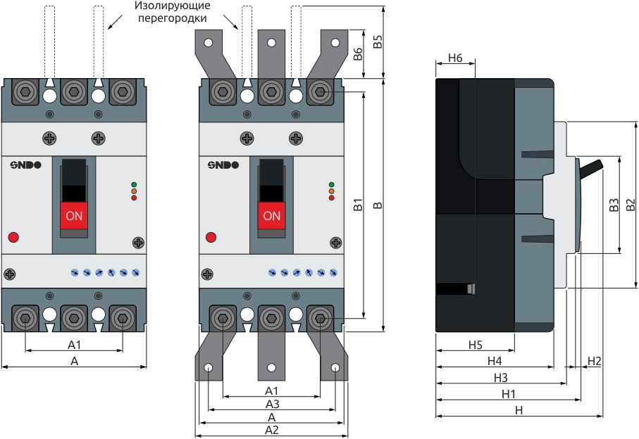 Габаритные размеры 3-полюсных автоматических выключателей в литом корпусе ONDO серии CBPE-2
