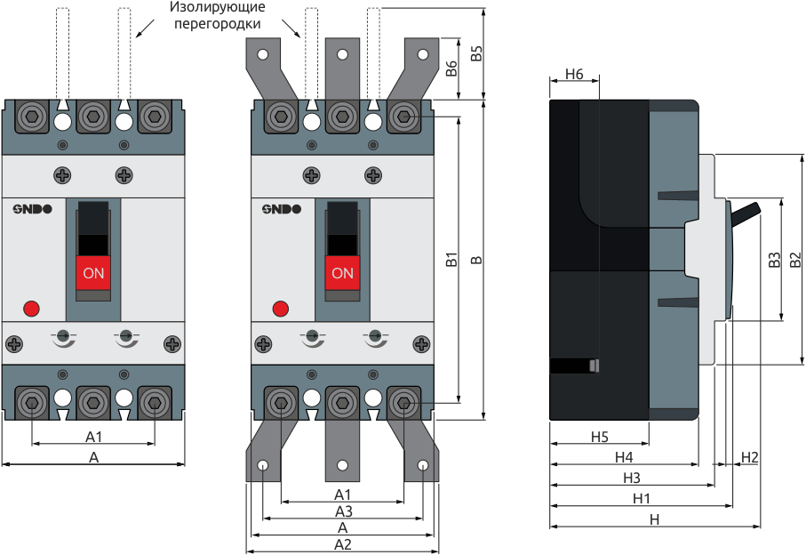 Габаритные размеры 3-полюсных автоматических выключателей в литом корпусе ONDO серии CBPT-2