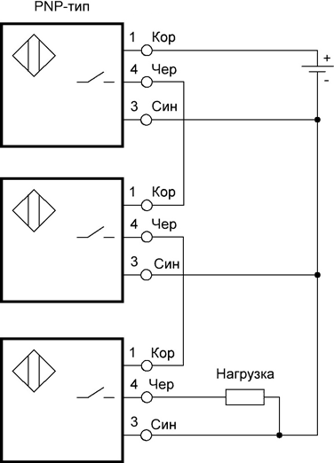 PNP Последовательное подключение датчиков — схема логического «И»