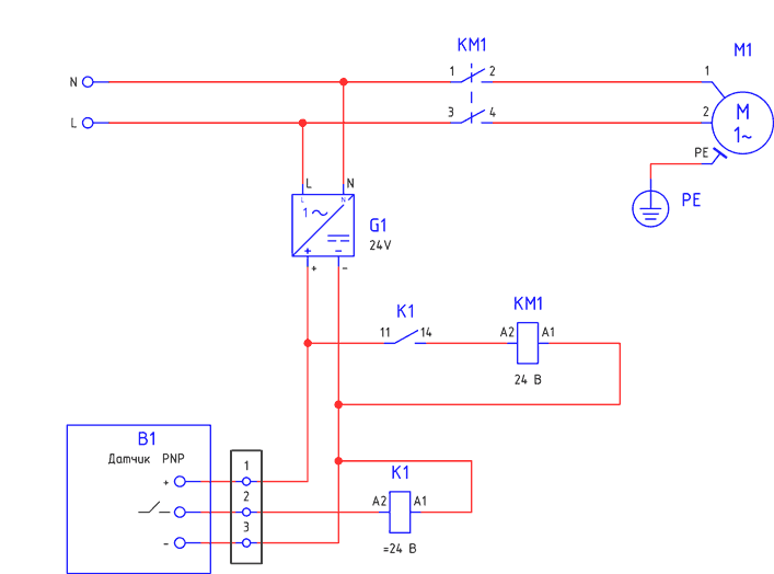 Включение контактора с катушкой управления на постоянный ток (=24 В)