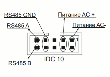 Подключение питания и интерфейса связи RS-485 через разъем IDC10