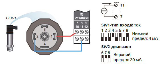 Схема подключения токового датчика с питанием от модуля по 2-х проводной схеме